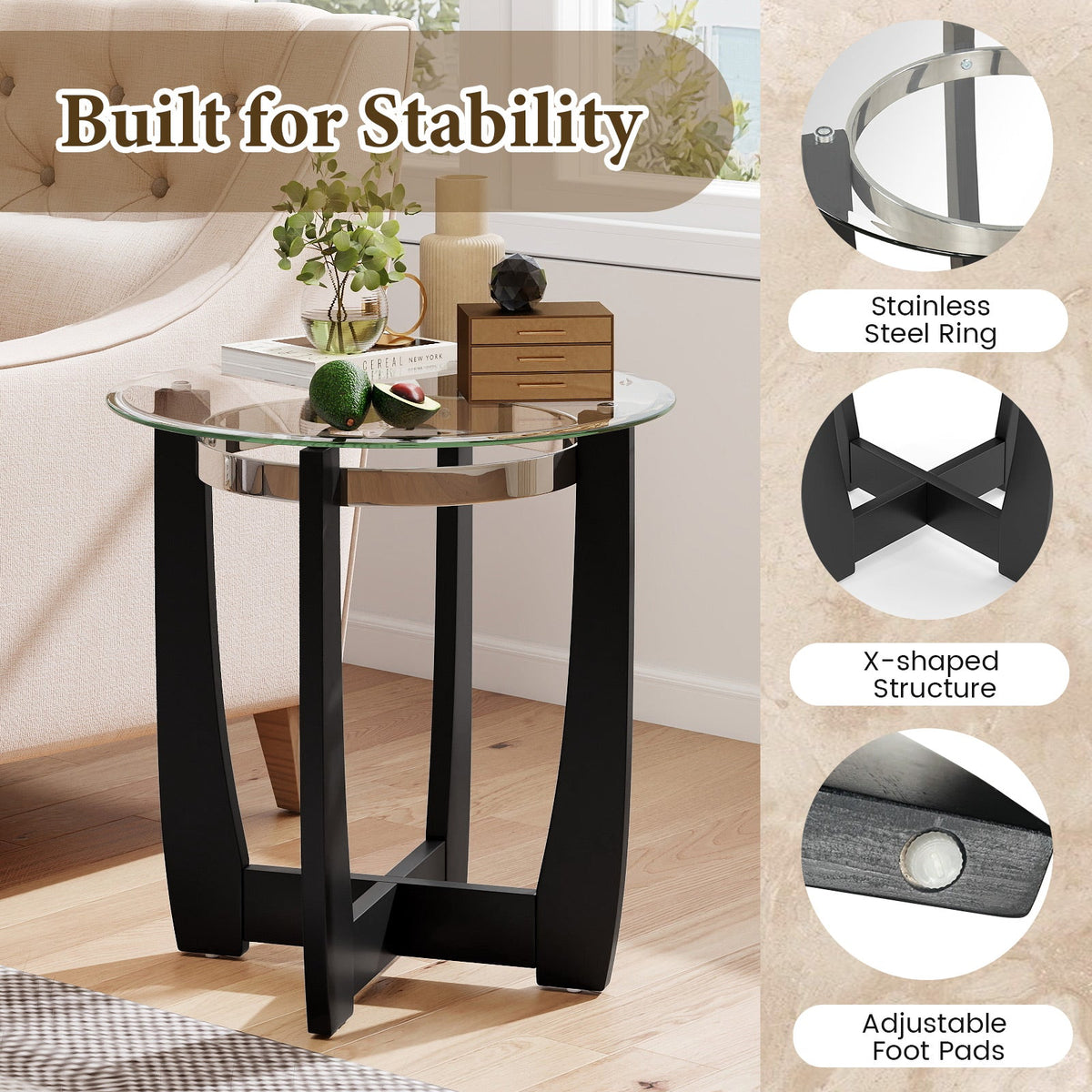 24 Inches Round Side Table with Tempered Glass Top and Solid Rubber Wood Base