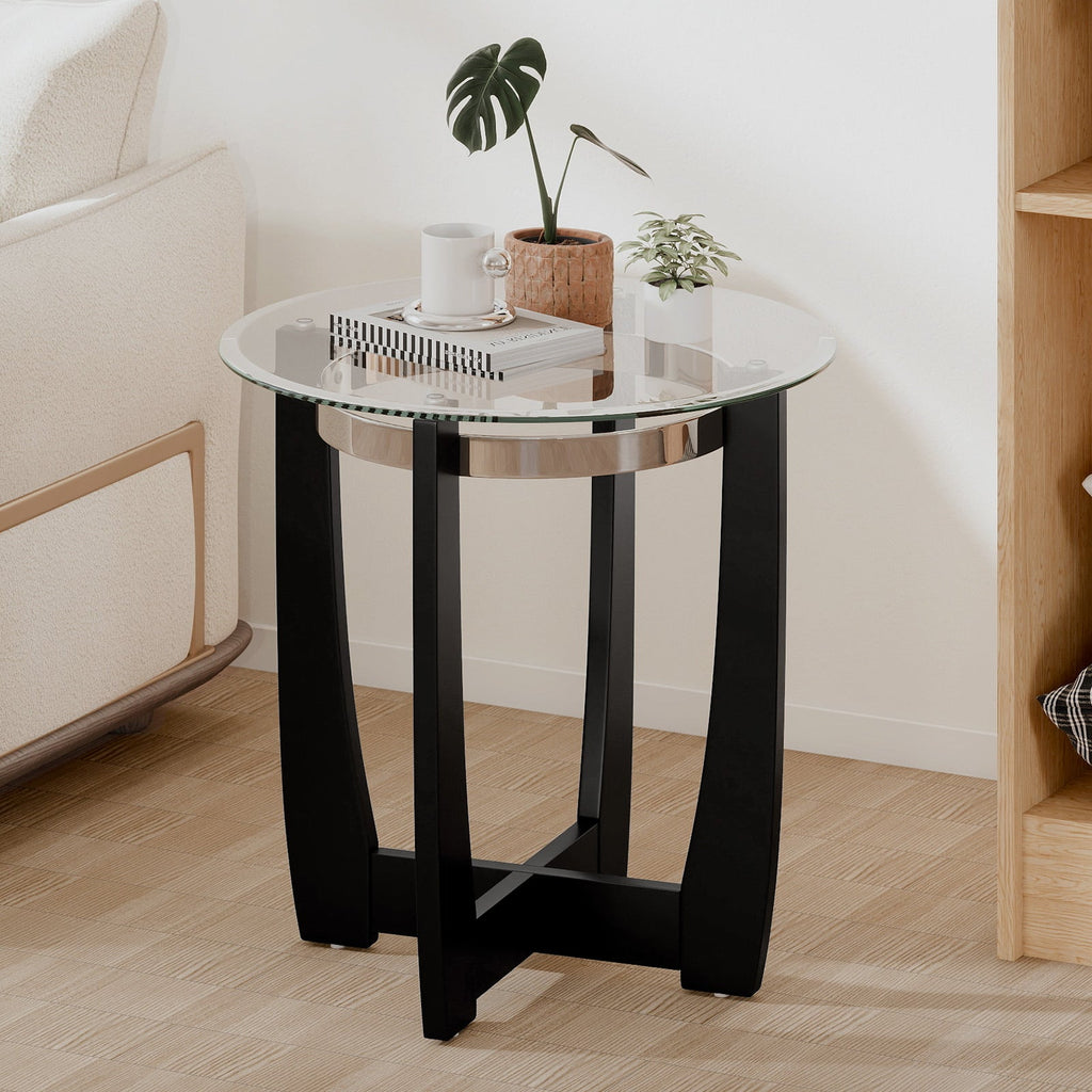 24 Inches Round Side Table with Tempered Glass Top and Solid Rubber Wood Base