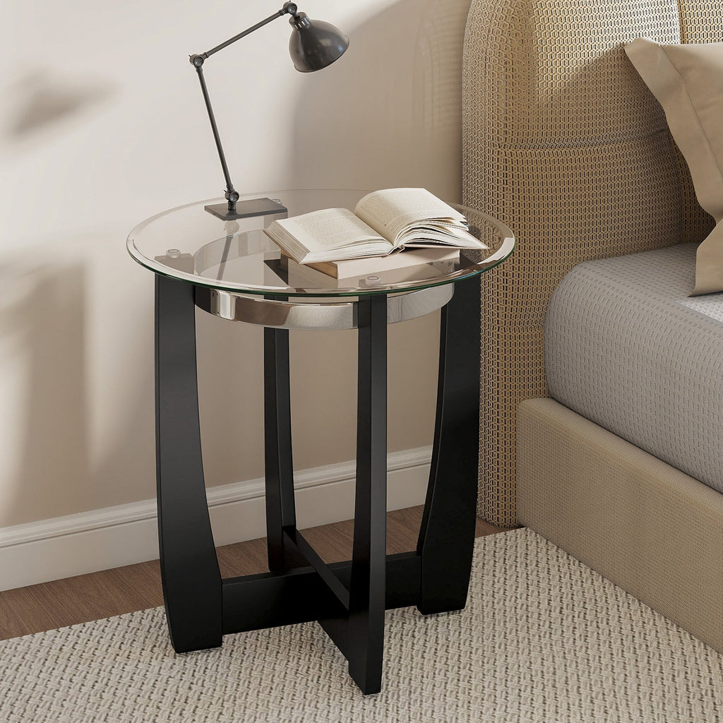 24 Inches Round Side Table with Tempered Glass Top and Solid Rubber Wood Base