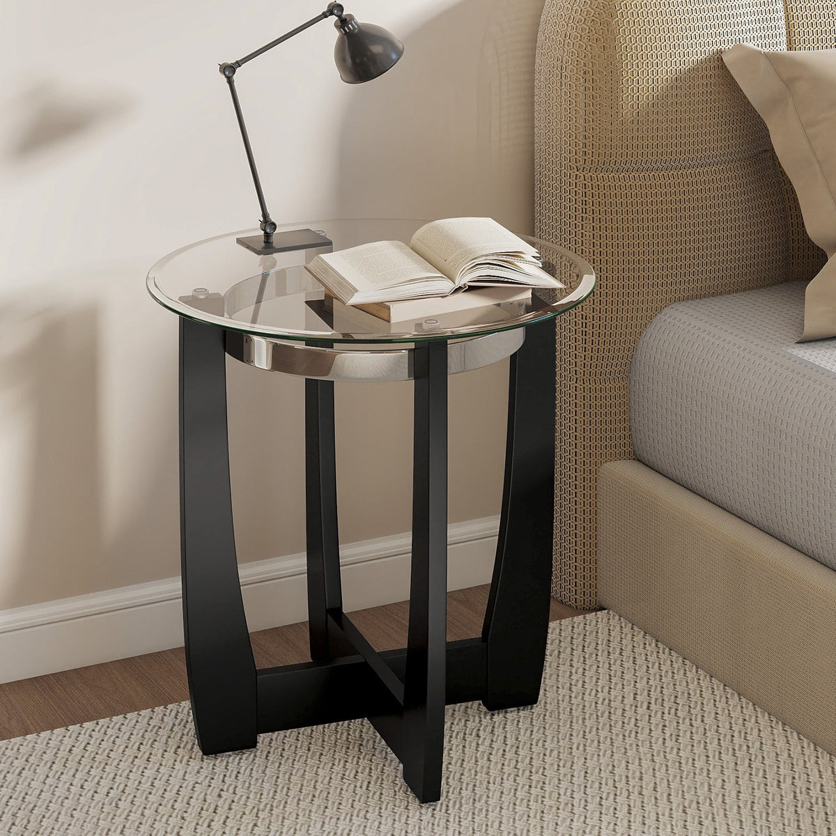 24 Inches Round Side Table with Tempered Glass Top and Solid Rubber Wood Base