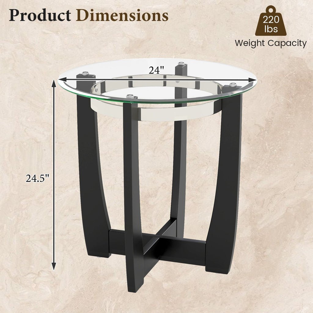 24 Inches Round Side Table with Tempered Glass Top and Solid Rubber Wood Base