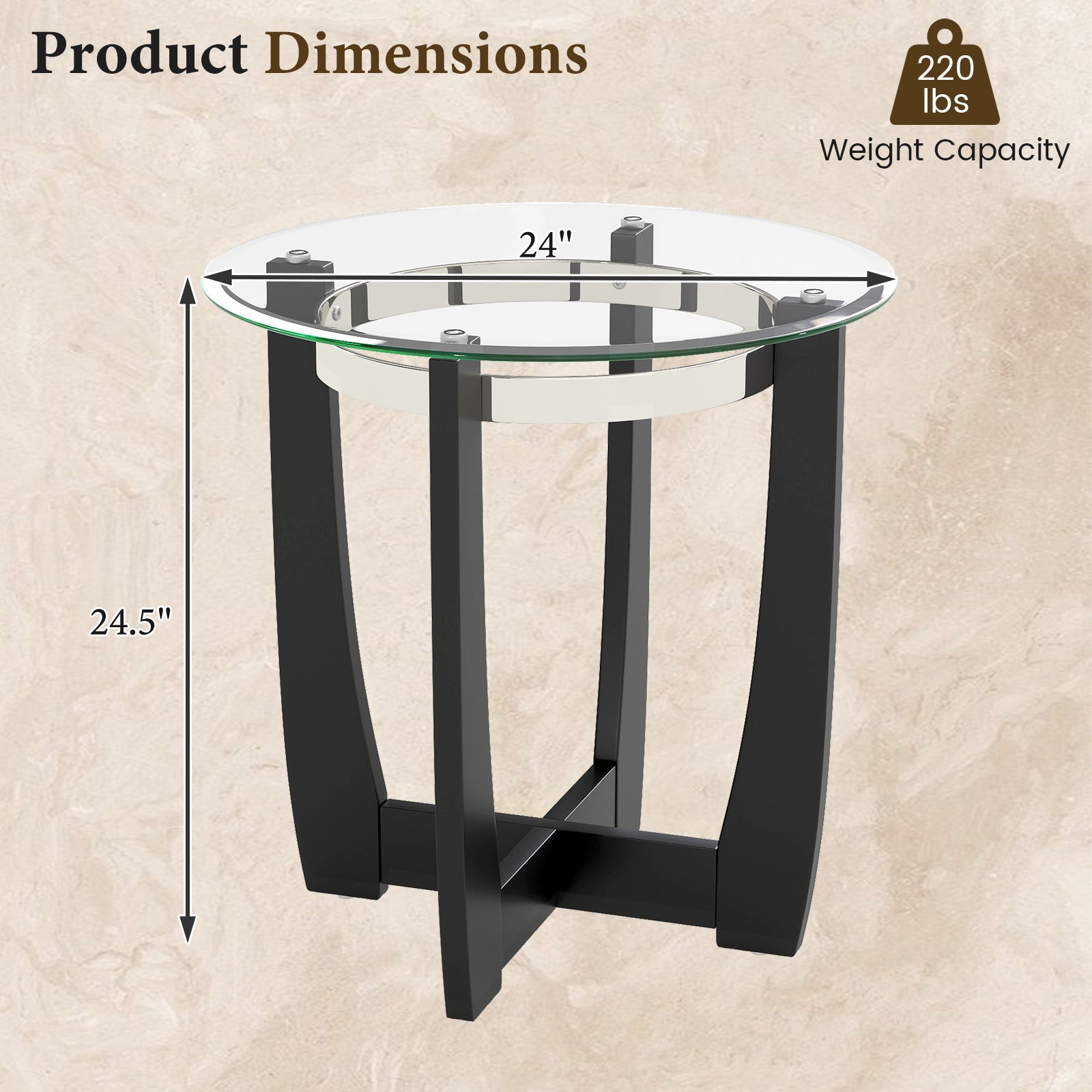 24 Inches Round Side Table with Tempered Glass Top and Solid Rubber Wood Base