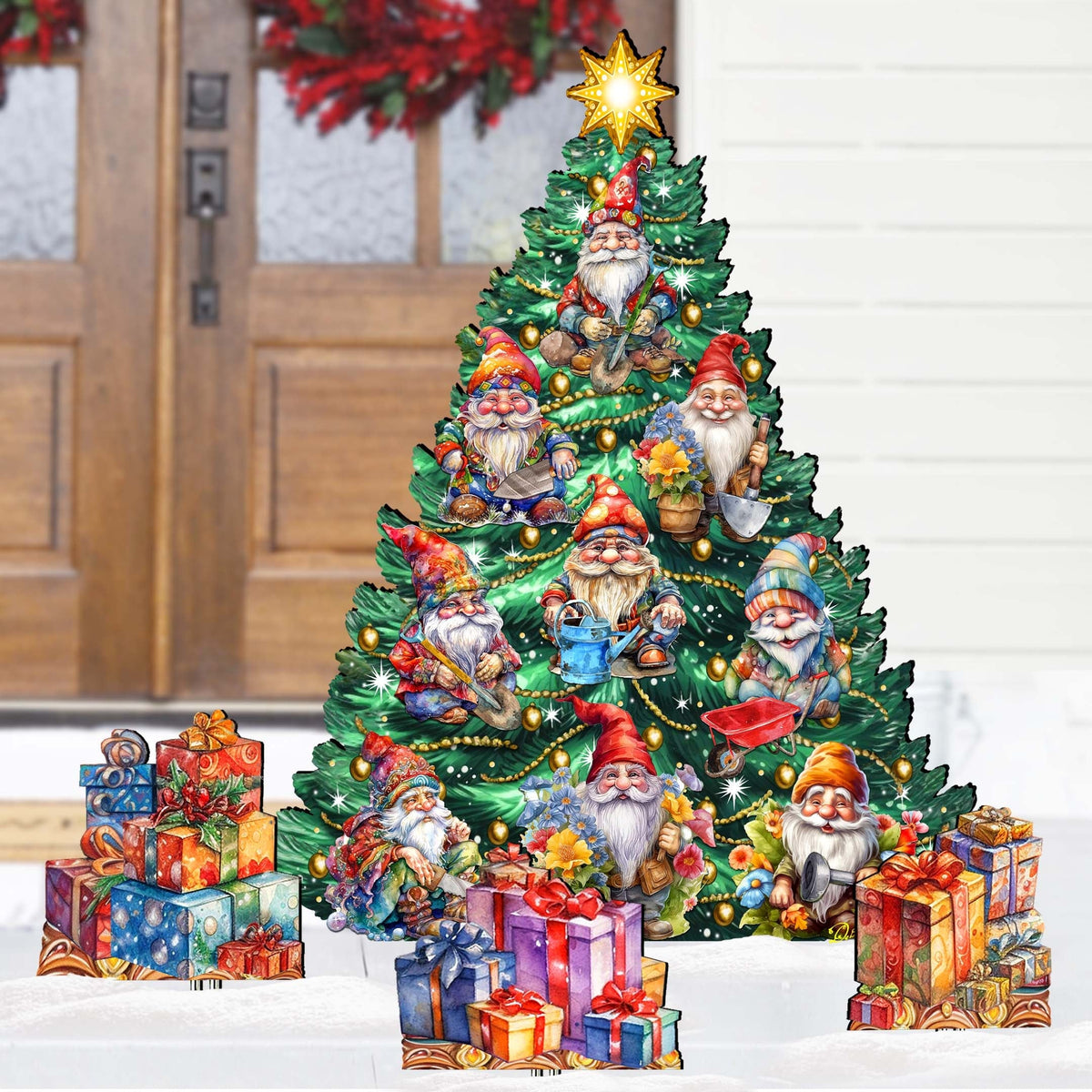 Gnomes-Themed Christmas Tree Set Outdoor Indoor Decor Wooden Christmas Decoration by G. Debrekht Christmas Decor - 8191512F-G