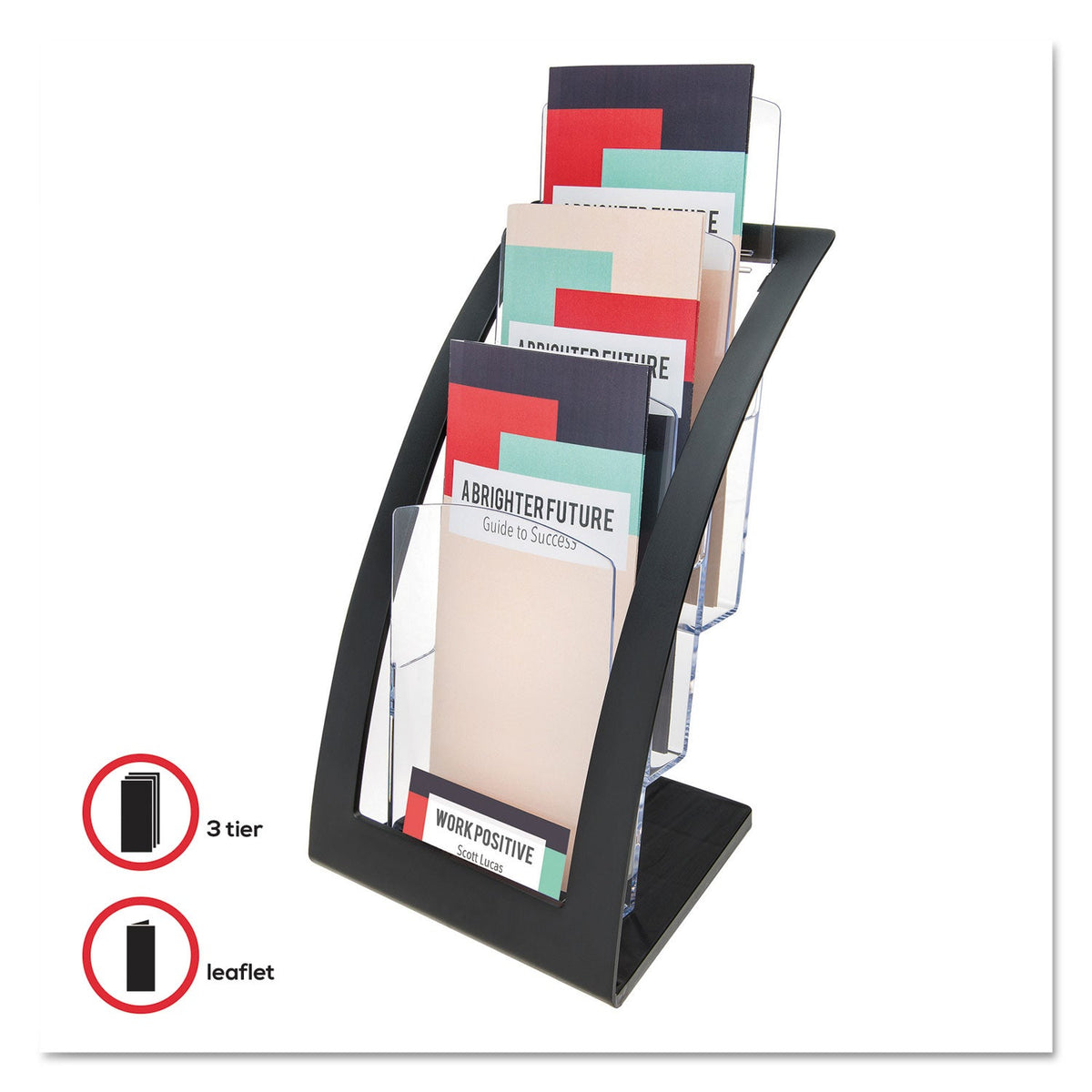 deflecto 3-Tier Literature Holder, Leaflet Size, 6.75w x 6.94d x 13.31h, Black