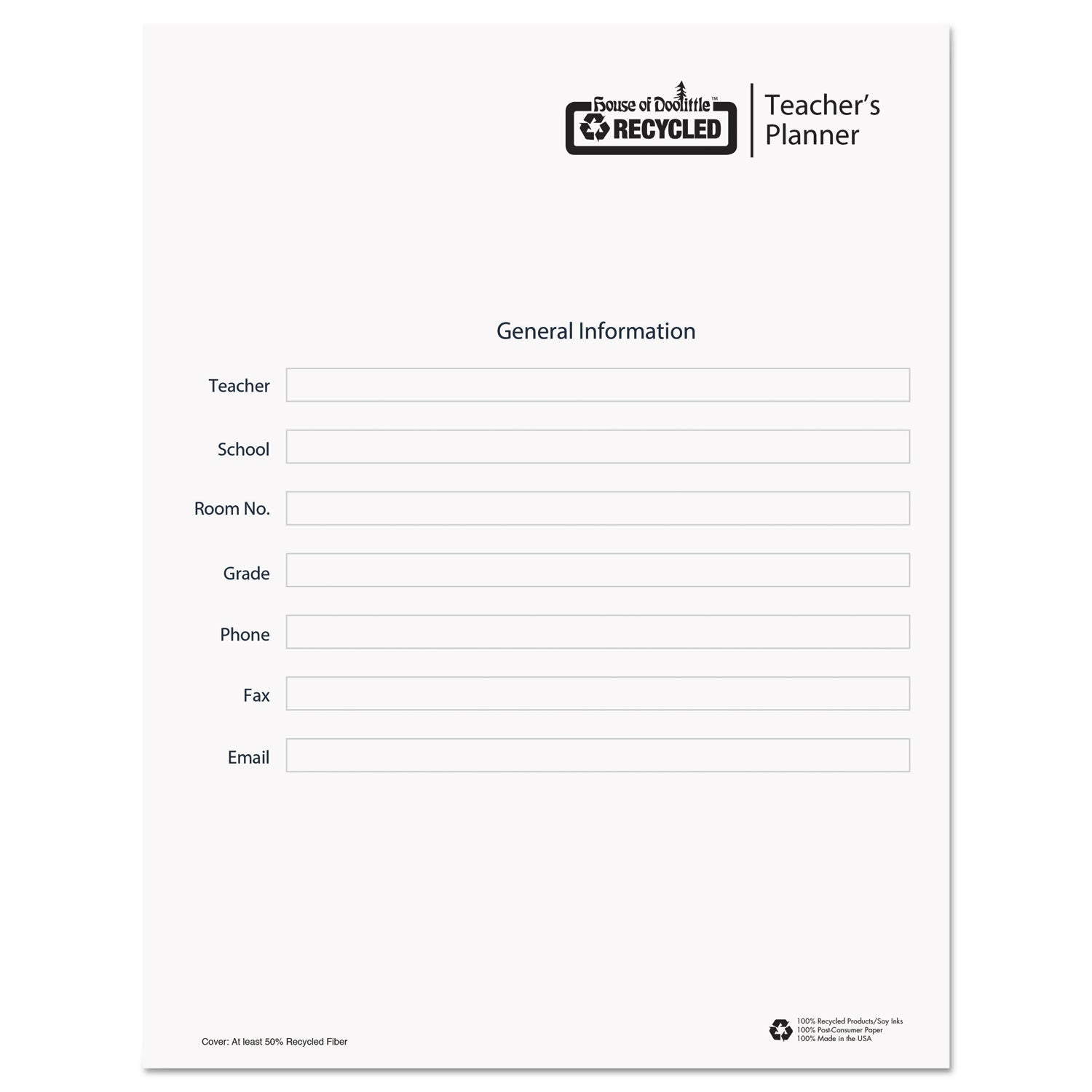 House of Doolittle Recycled Teacher's Planner, Weekly, Two-Page Spread (Seven Classes), 11 x 8.5, Blue Cover
