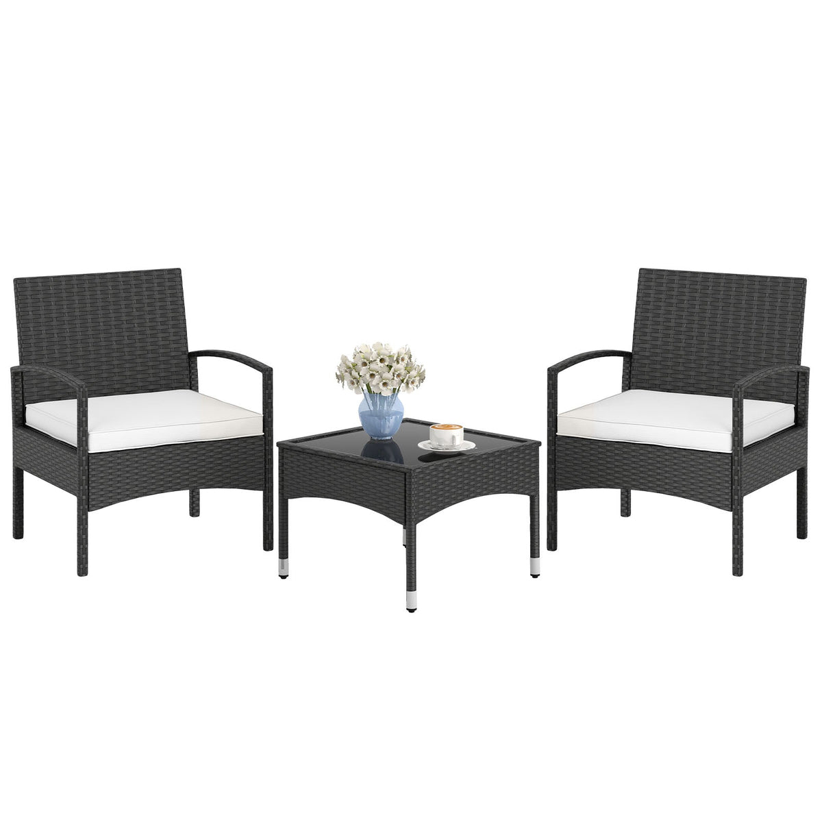 3-Piece Patio Furniture Set Rattan Bistro Chairs with Table-Beige