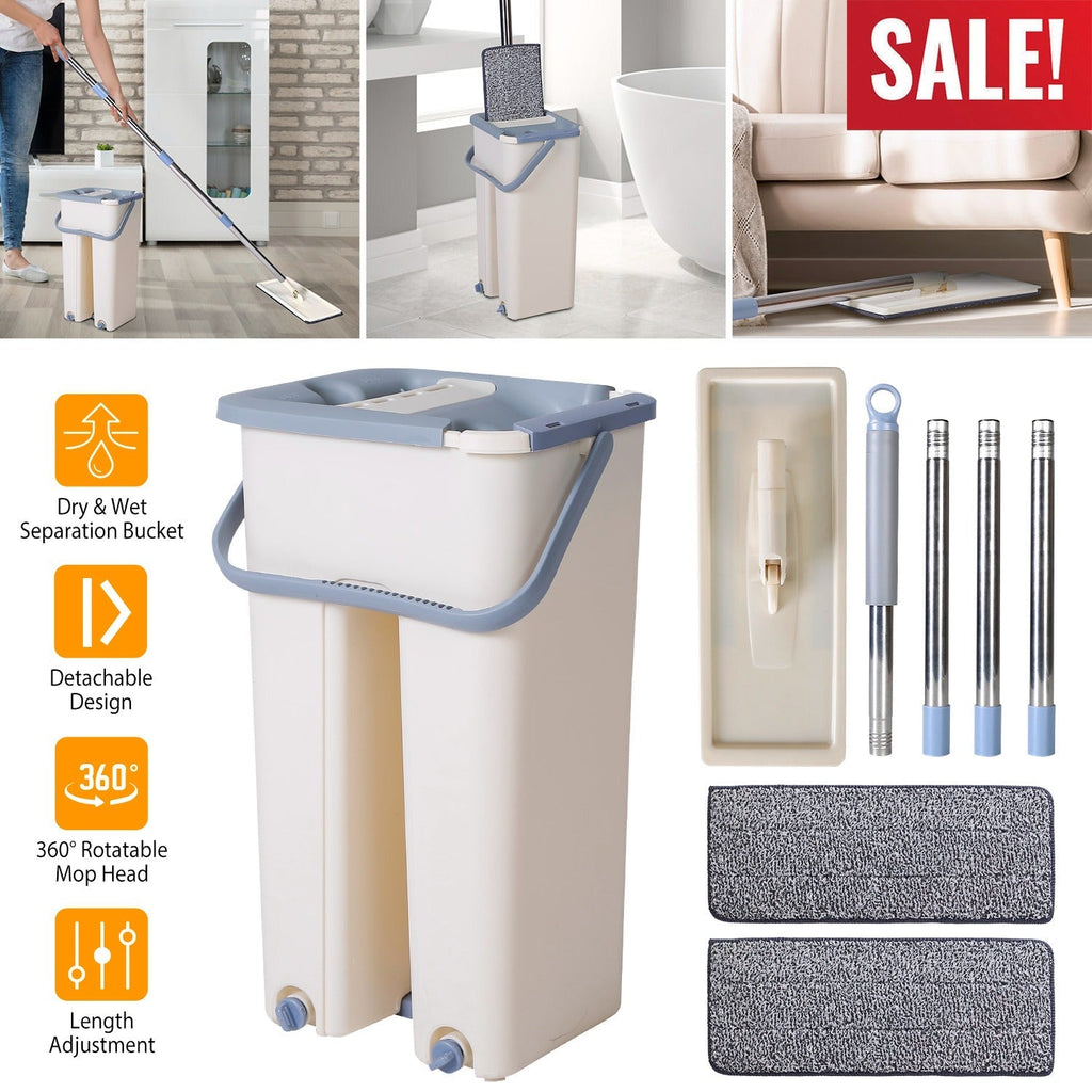 Flat Floor Mop Bucket Set Self Cleaning Wet Dry Usage with 2Pcs Reusable MicrofiberÊMop Pads