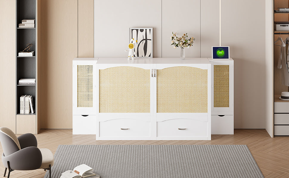 Large Murphy bed wall mounted bed with drawers, 2 storage cabinets, 1 set of sockets and USB ports, white