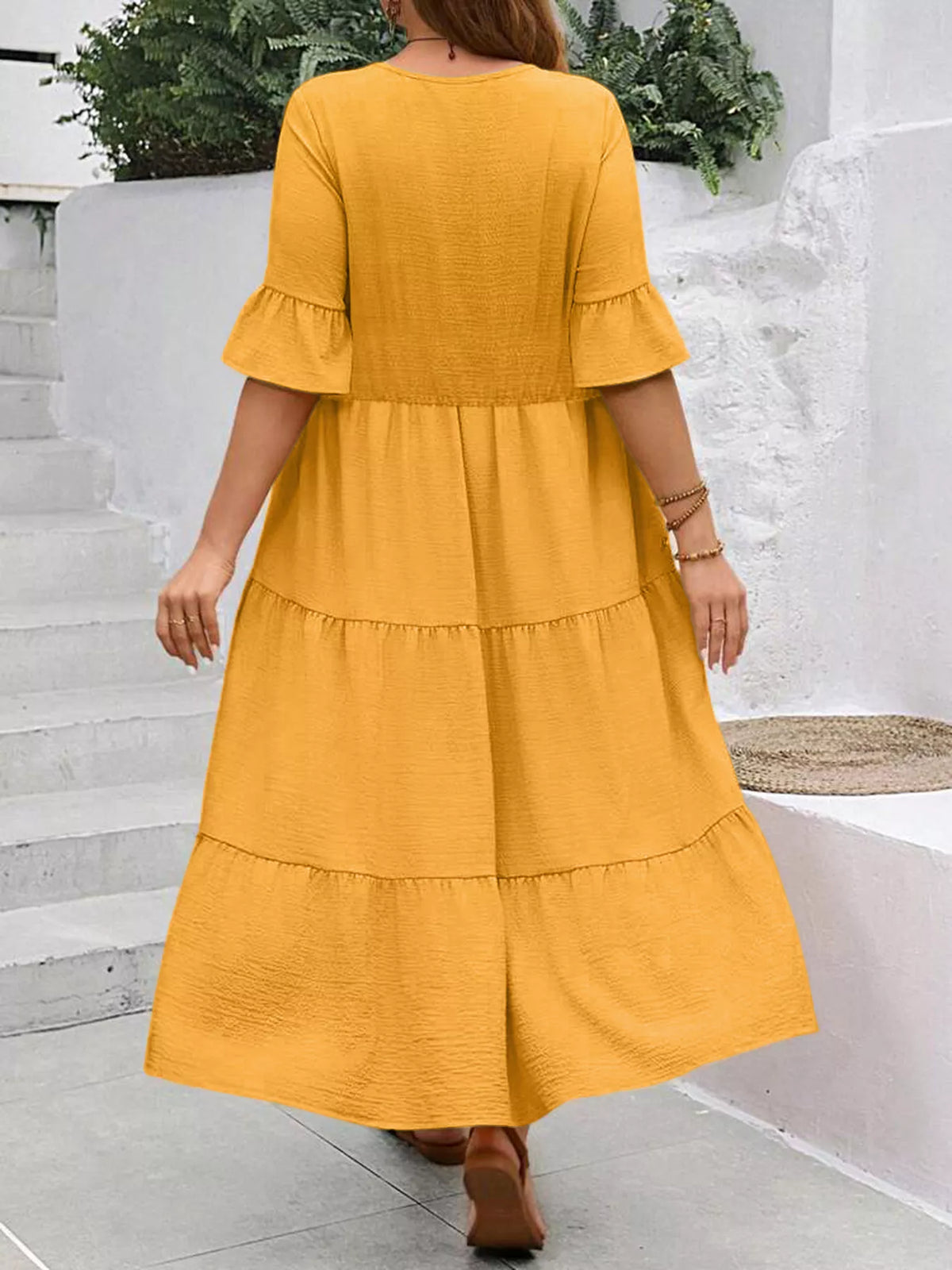 Ruffle Sleeves Tiered Midi Dress