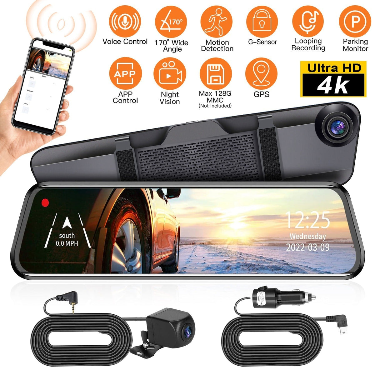 4K Car DVR 12in Dash Cam Camcorder Camera Recorder with 170¡ Angle Loop Recording Motion Detection Night Vision Voice Control APP Control G-sensor