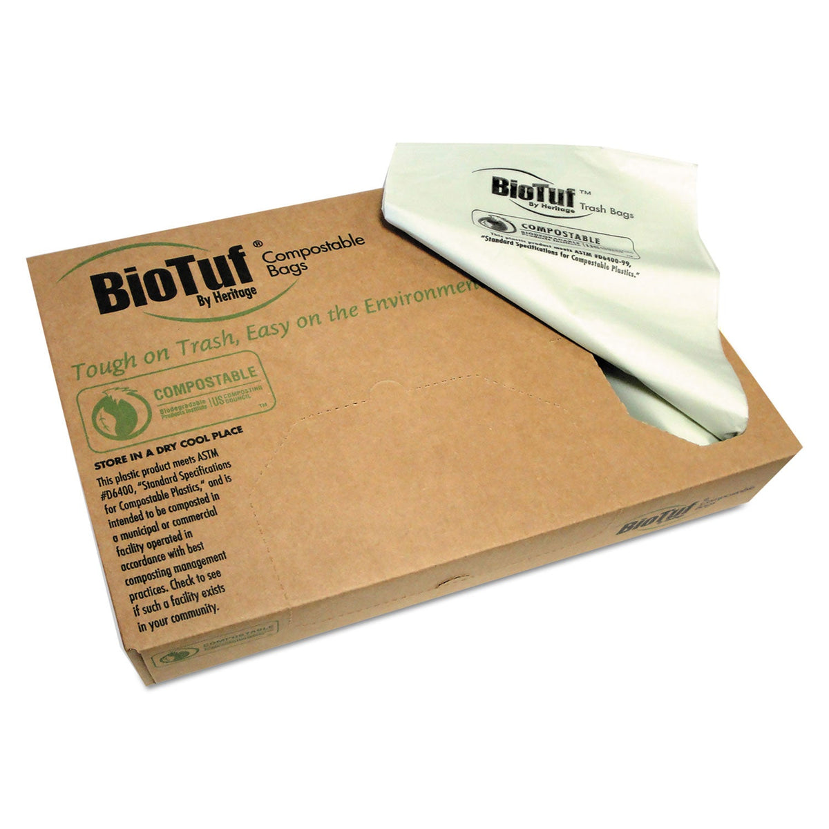 Heritage Biotuf Compostable Can Liners, 60 gal, 0.9 mil, 38" x 58", Green, 100/Carton