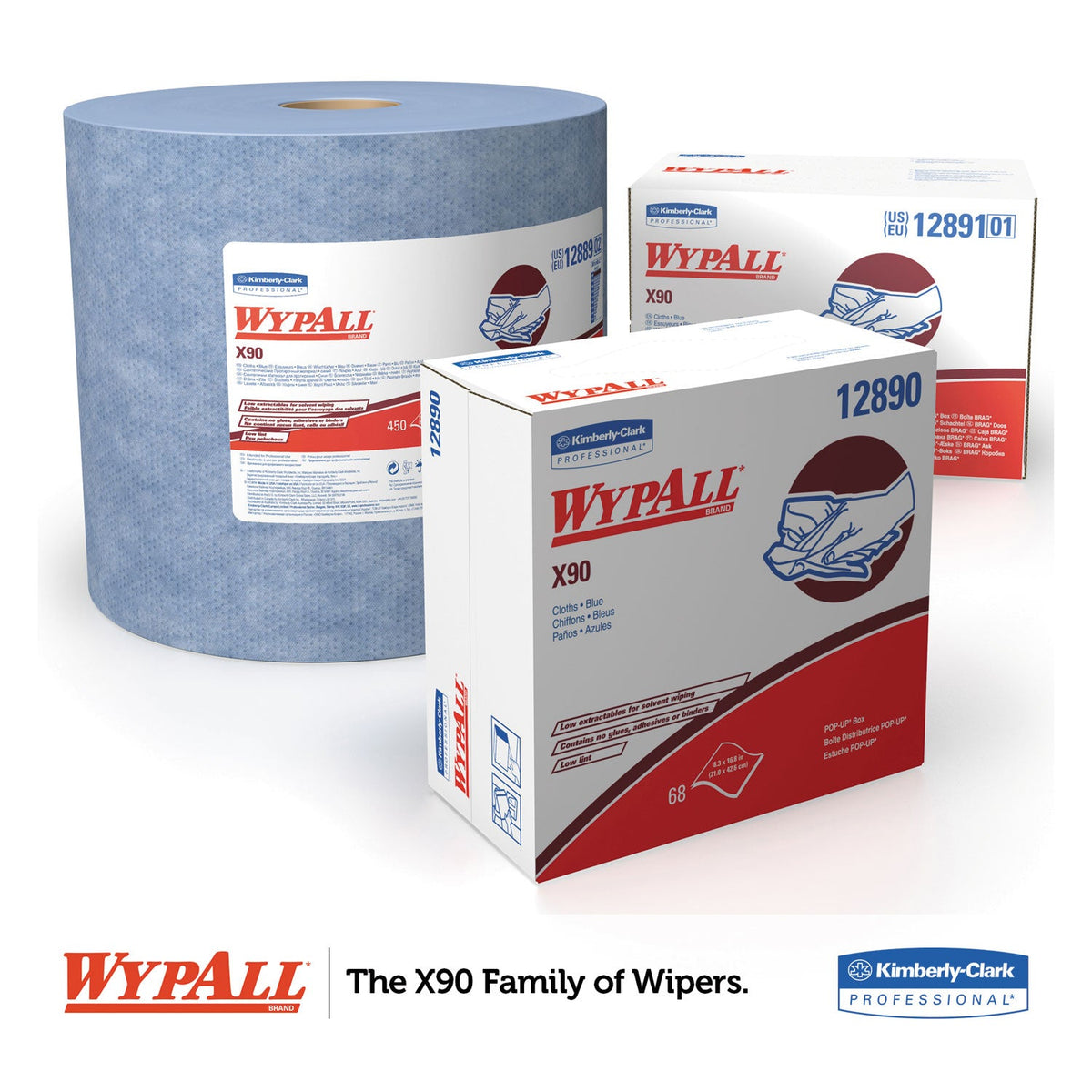 WypAll X90 Cloths, Jumbo Roll, 2-Ply, 11.1 x 13.4, Denim Blue, 450/Roll