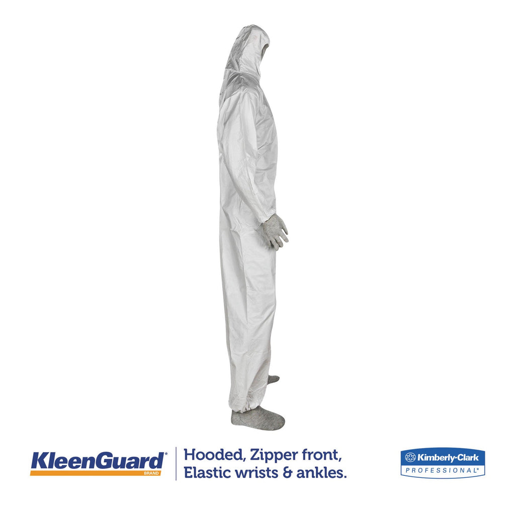 KleenGuard A35 Liquid and Particle Protection Coveralls, Zipper Front, Hooded, Elastic Wrists and Ankles, X-Large, White, 25/Carton
