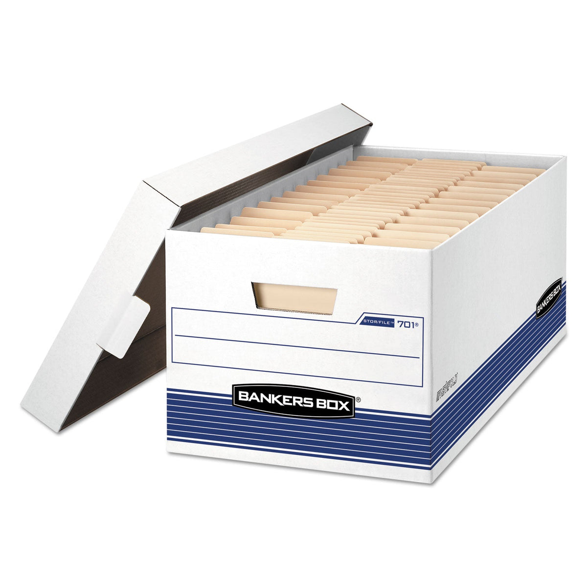 Bankers Box STOR/FILE Medium-Duty Storage Boxes, Letter Files, 12.88" x 25.38" x 10.25", White/Blue, 4/Carton