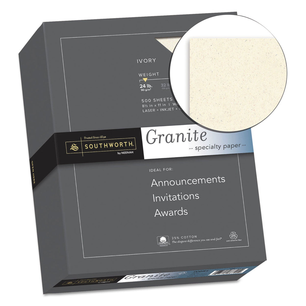 Southworth Granite Specialty Paper, 24 lb Bond Weight, 8.5 x 11, Ivory, 500/Ream