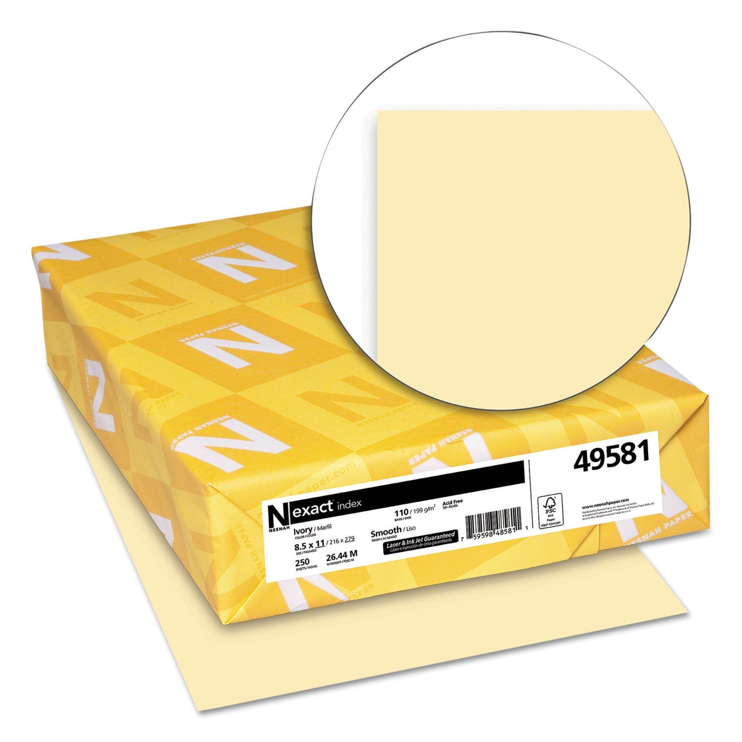 Neenah Paper Exact Index Card Stock, 110 lb Index Weight, 8.5 x 11, Ivory, 250/Pack