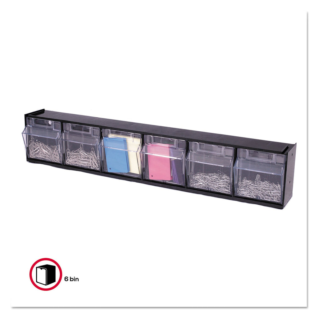 deflecto Tilt Bin Interlocking Multi-Bin Storage Organizer, 6 Sections, 23.63" x 3.63" x 4.5", Black/Clear