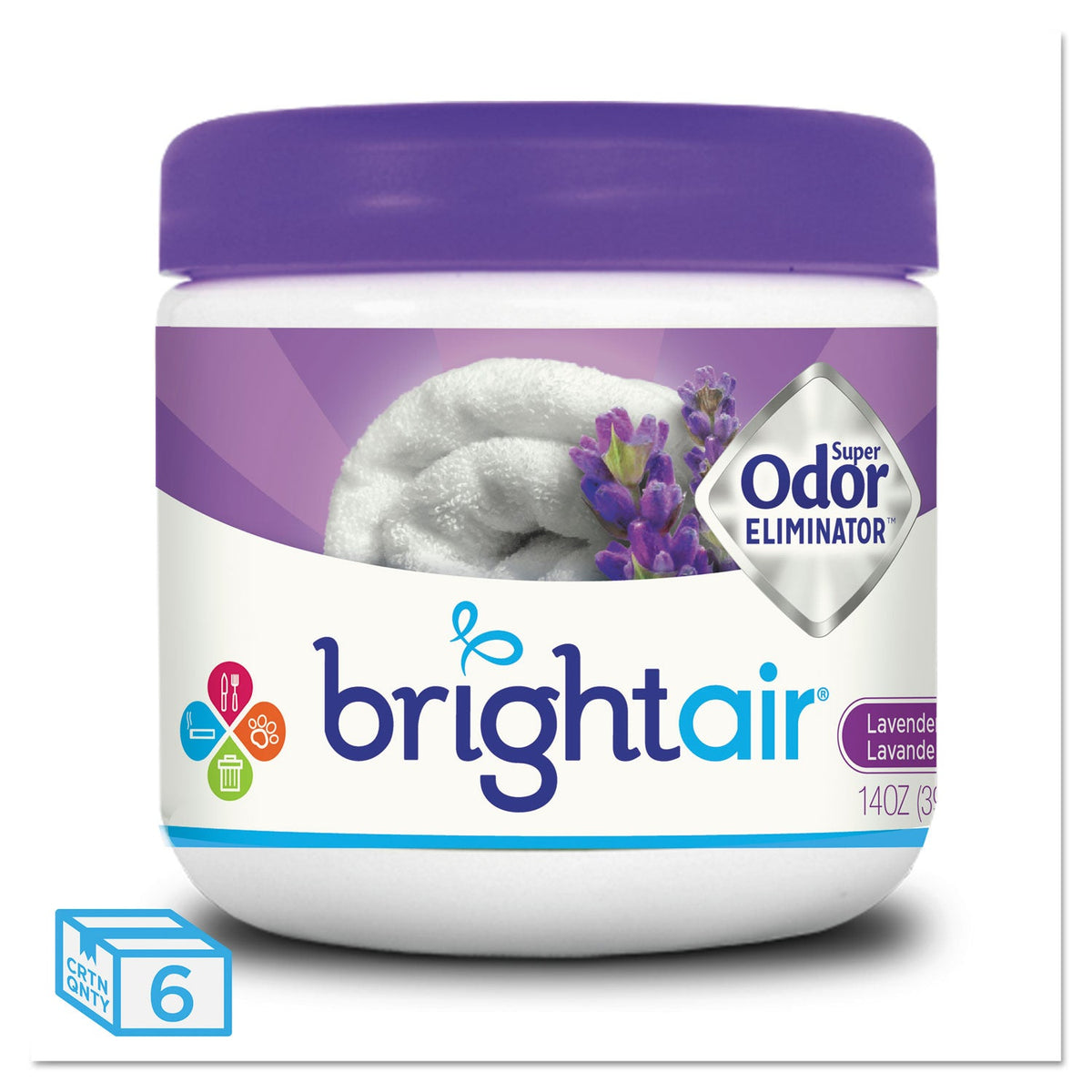BRIGHT Air Super Odor Eliminator, Lavender and Fresh Linen, Purple, 14 oz Jar, 6/Carton