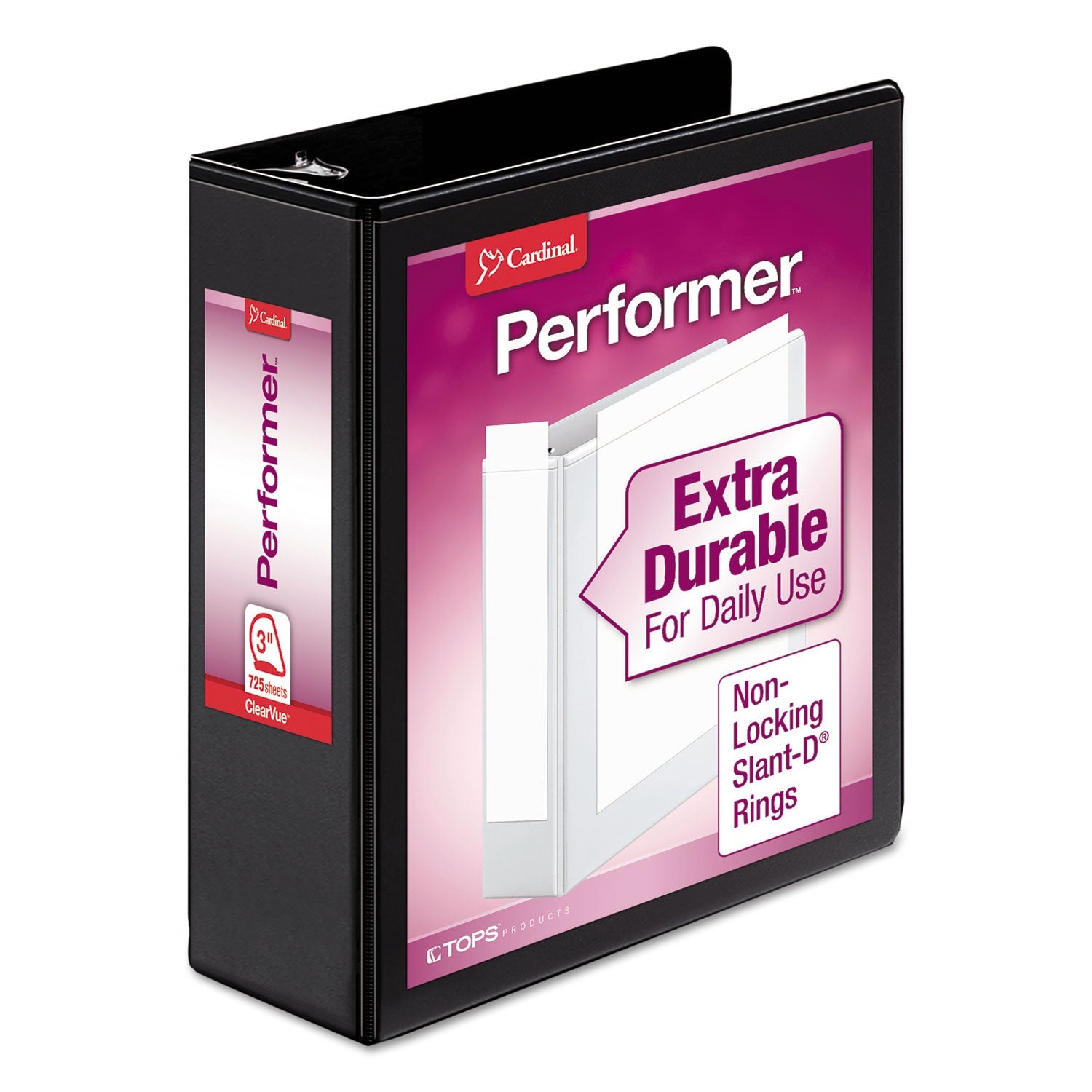Cardinal Performer ClearVue Slant-D Ring Binder, 3 Rings, 3" Capacity, 11 x 8.5, Black