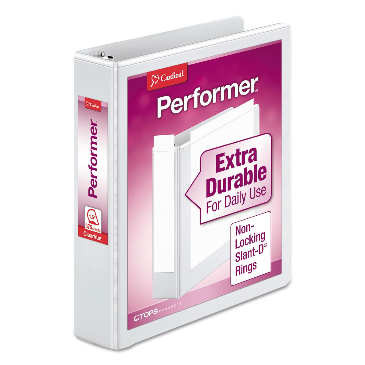 Cardinal Performer ClearVue Slant-D Ring Binder, 3 Rings, 1.5" Capacity, 11 x 8.5, White
