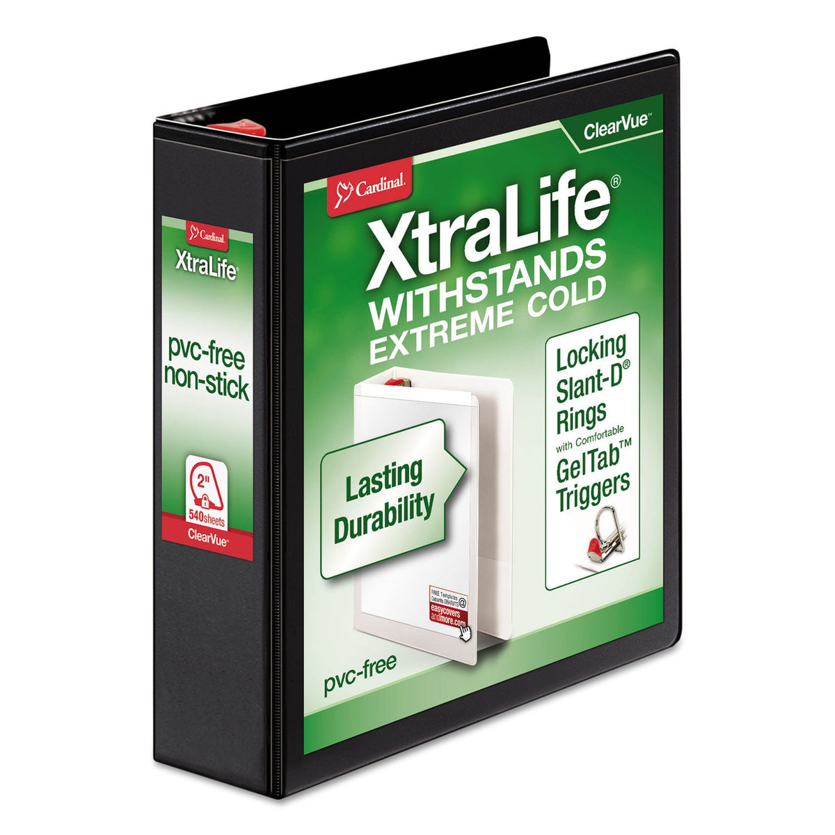 Cardinal XtraLife ClearVue Non-Stick Locking Slant-D Ring Binder, 3 Rings, 2" Capacity, 11 x 8.5, Black