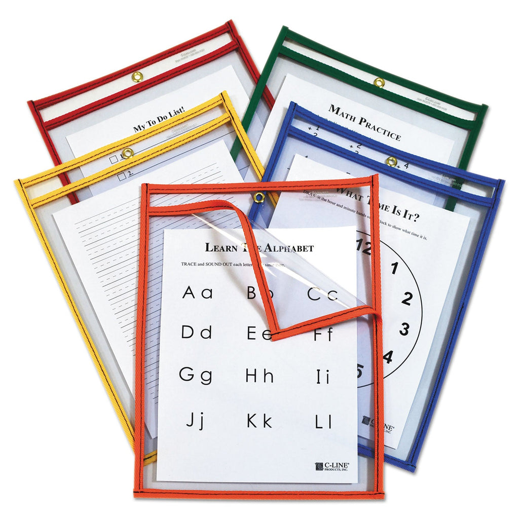 C-Line Reusable Dry Erase Pockets, Easy Load, 9 x 12, Assorted Primary Colors, 25/Pack