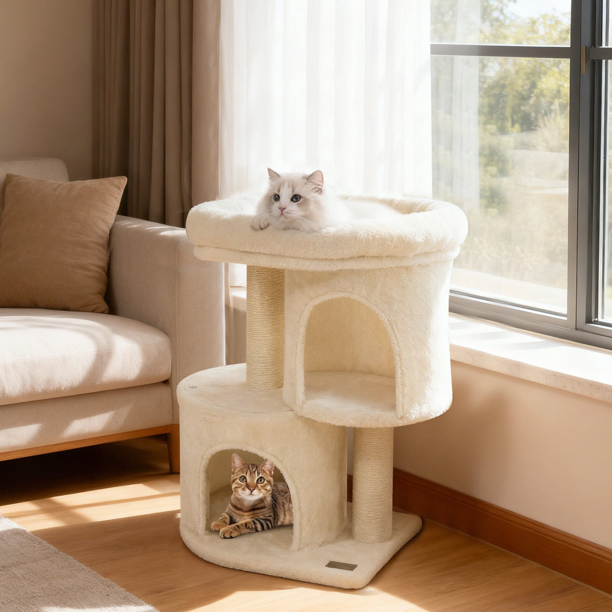 26 Inch Cat Tower with Large Padded Push Perch and Dual Condos