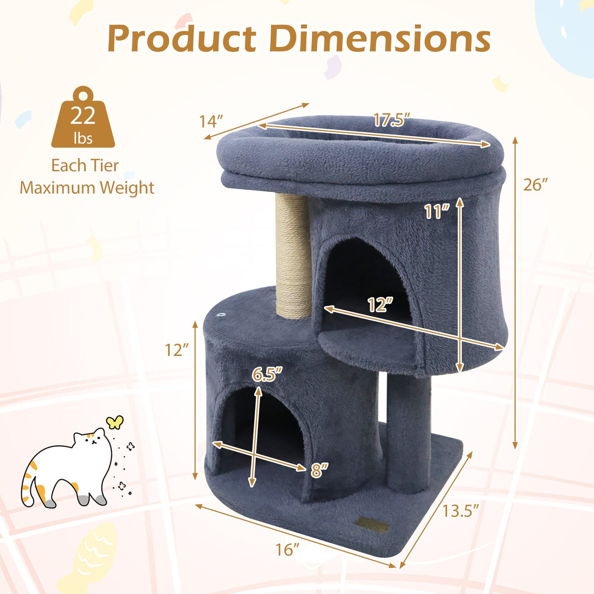 26 Inch Cat Tower with Large Padded Push Perch and Dual Condos
