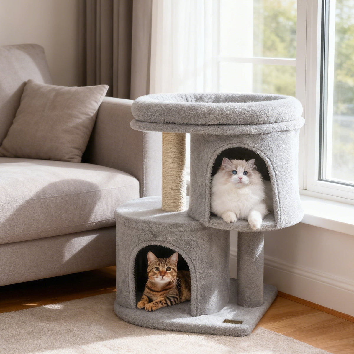 26 Inch Cat Tower with Large Padded Push Perch and Dual Condos