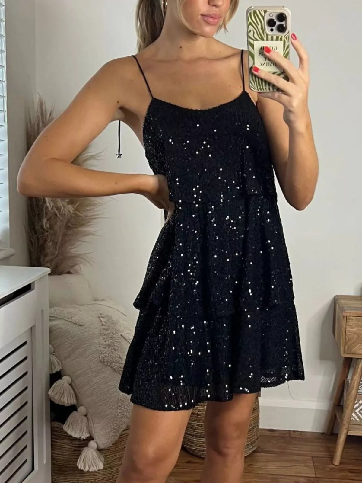 Sequin Tie Shoulder Mini Dress
