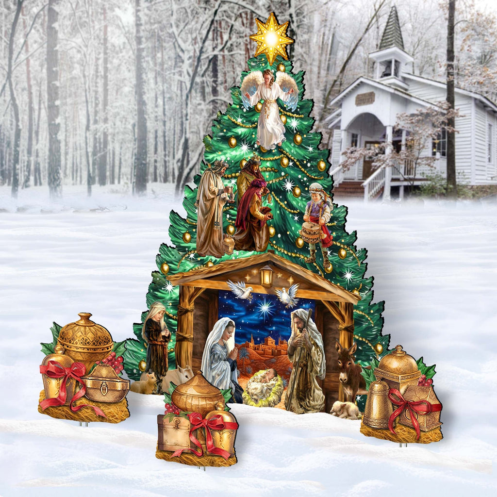 Nativity-Themed Christmas Tree Set Outdoor Indoor Decor Wooden Christmas Decoration by D. Gelsinger Christmas Decor - 8191503F-DG-G