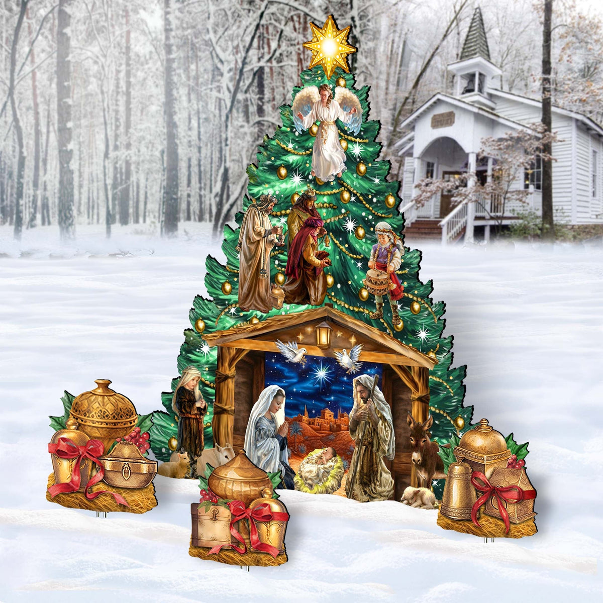 Nativity-Themed Christmas Tree Set Outdoor Indoor Decor Wooden Christmas Decoration by D. Gelsinger Christmas Decor - 8191503F-DG-G