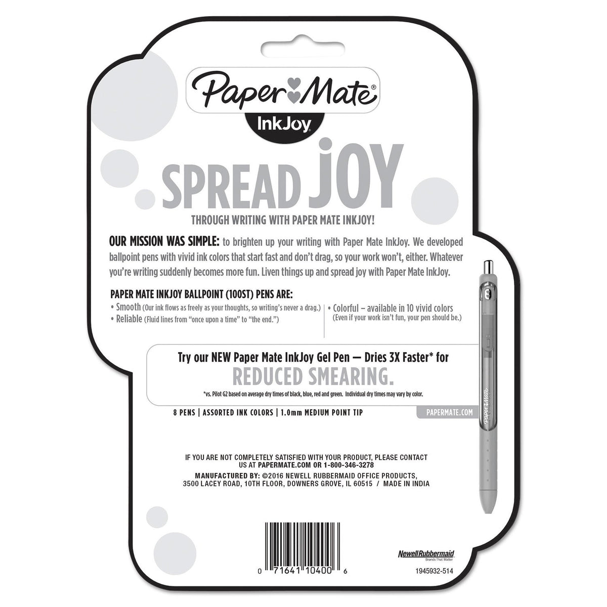 Paper Mate InkJoy 100 Ballpoint Pen, Stick, Medium 1 mm, Eight Assorted Ink and Barrel Colors, 8/Pack