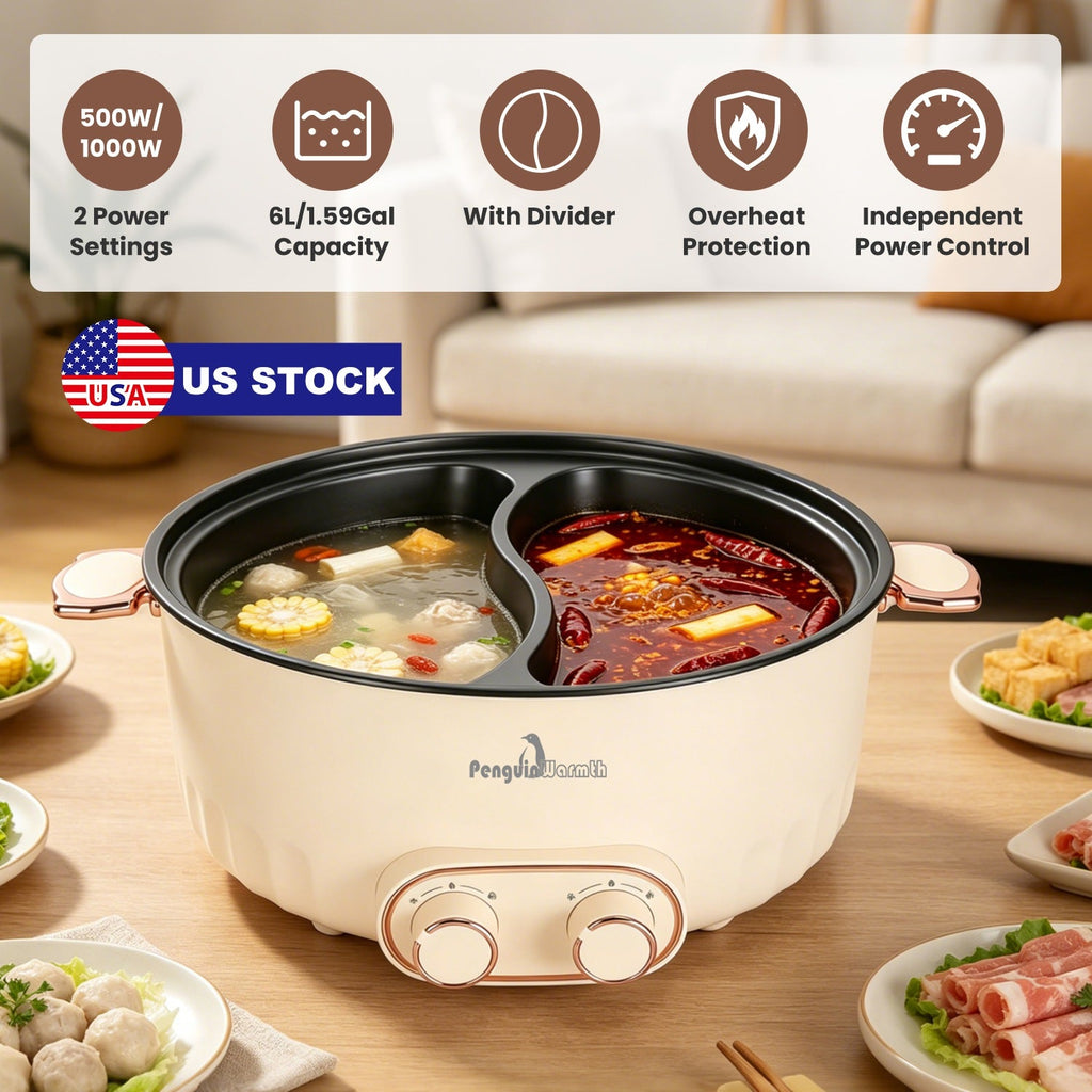 Electric Hot Pot with Divider 6L Dual Control Stainless Steel