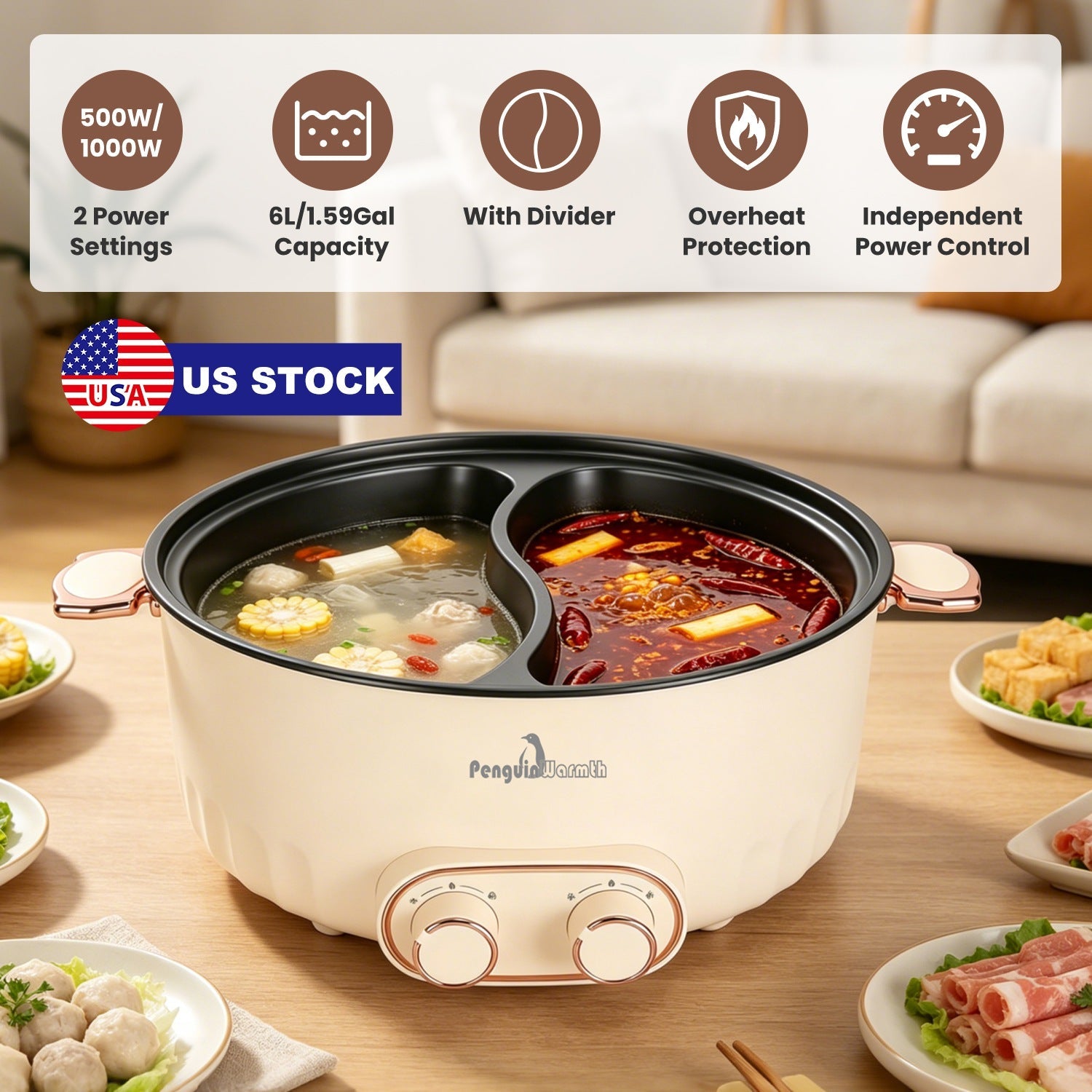 Electric Hot Pot with Divider 6L Dual Control Stainless Steel