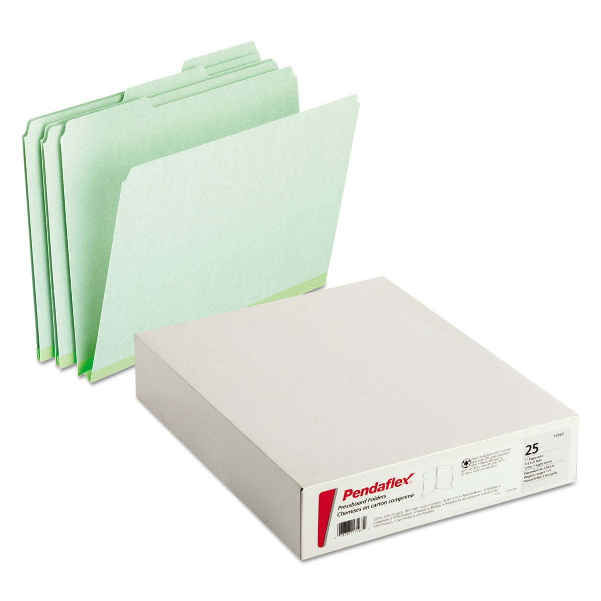 Pendaflex Pressboard Expanding File Folders, 1/3-Cut Tabs: Assorted, Letter Size, 1" Expansion, Green, 25/Box
