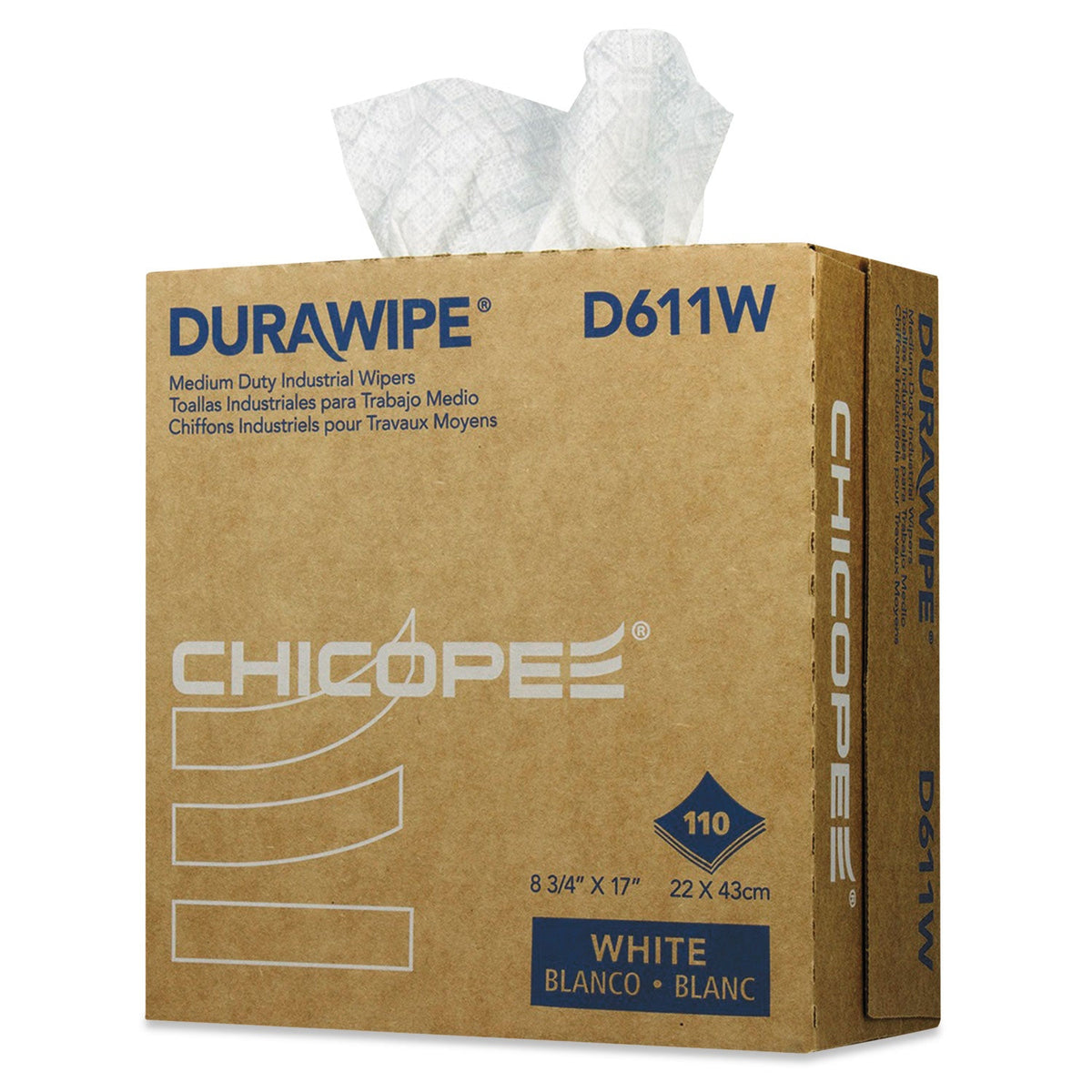 Chicopee Durawipe Medium-Duty Industrial Wipers, 3-Ply, 8.8 x 17, White, 110/Box, 12 Box/Carton