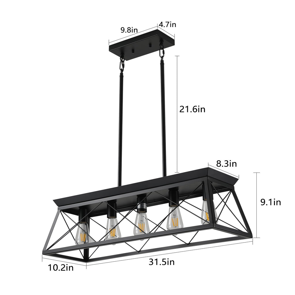 5-light farmhouse pendant light, metal pendant light island fixture, modern rectangular island light, pure black (no bulb)