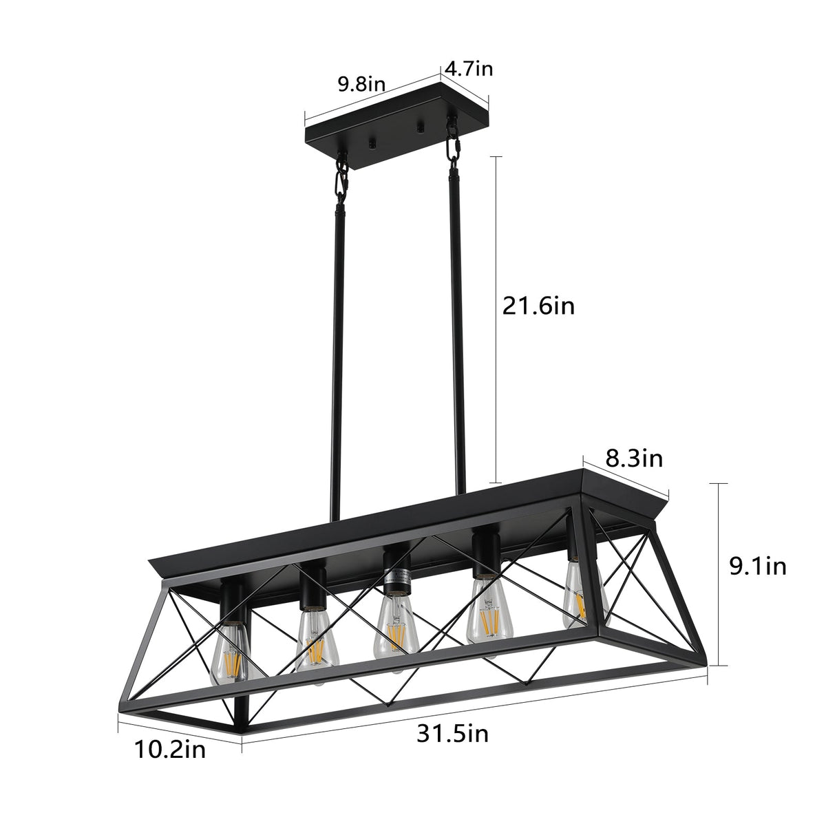 5-light farmhouse pendant light, metal pendant light island fixture, modern rectangular island light, pure black (no bulb)