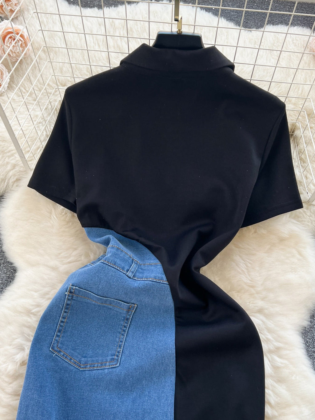Color Block Denim Patchwork Short Sleeve Midi Dress