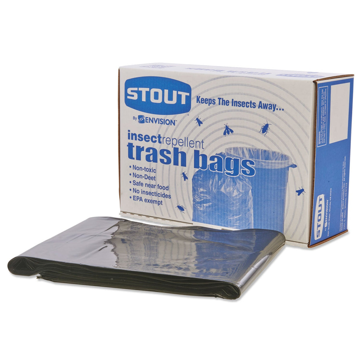 Stout Insect-Repellent Trash Bags, 55 gal, 2 mil, 37" x 52", Black, 65/Box