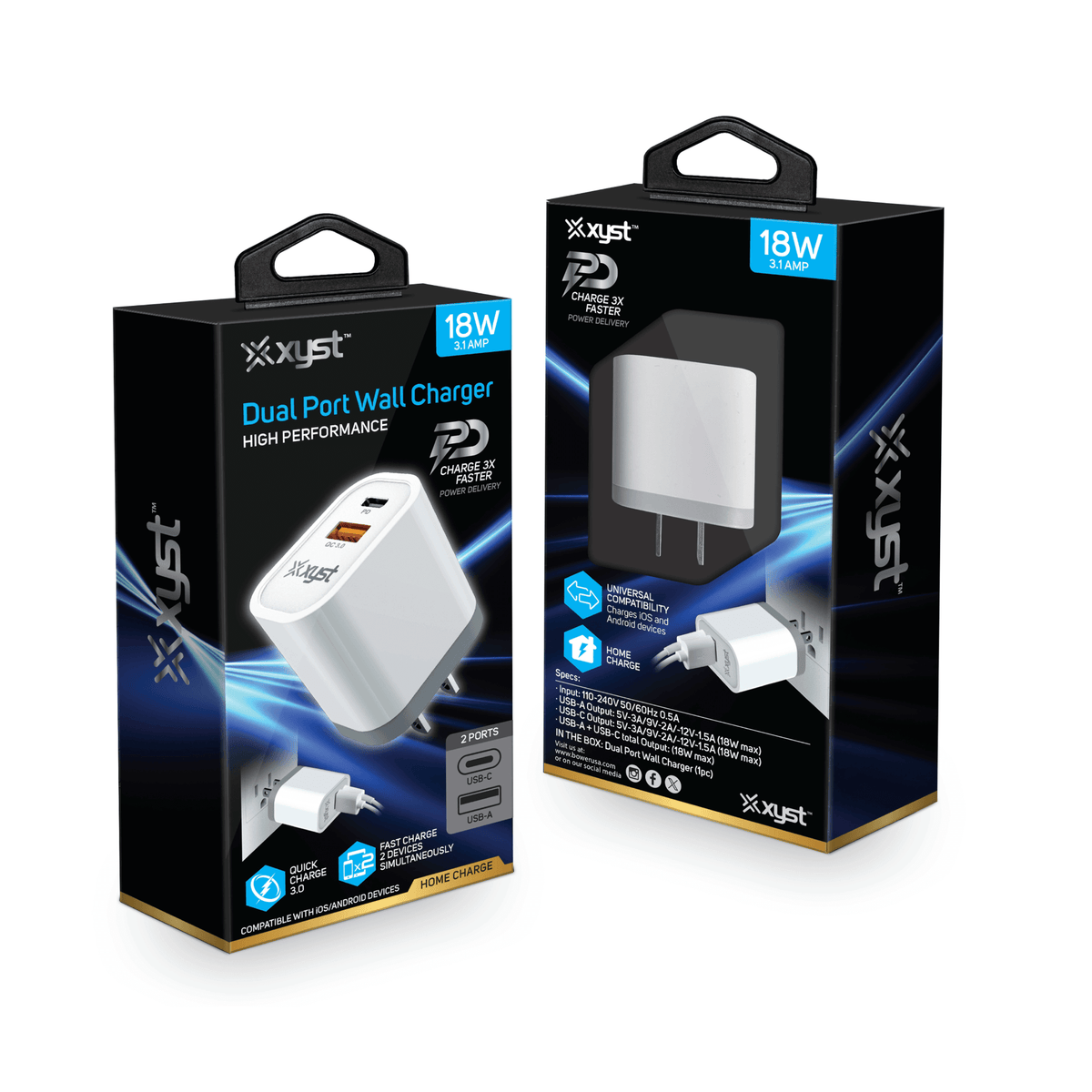 Xyst 3.4-Amp Dual USB Wall Charger with USB Port and USB Type-C Port