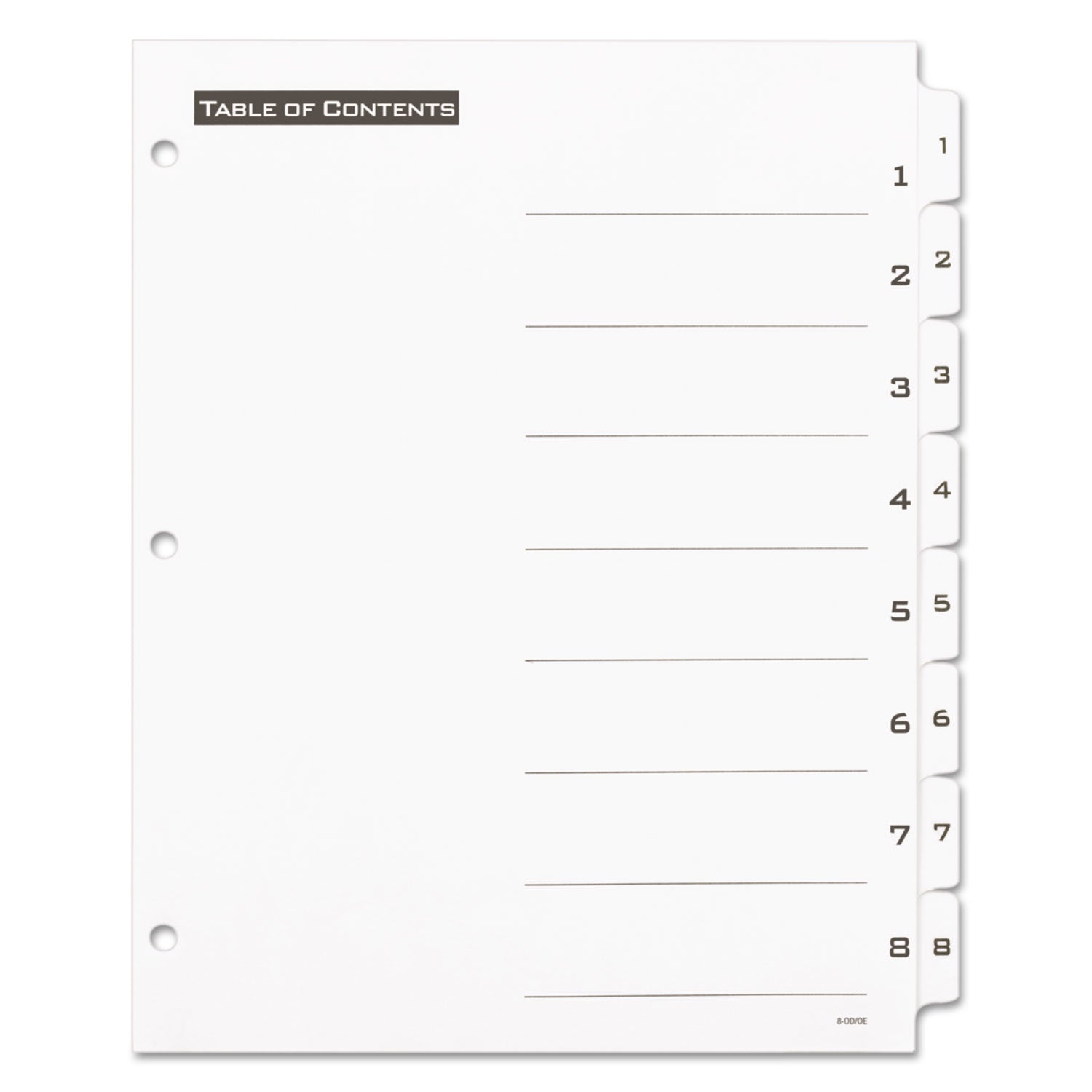 Office Essentials Table 'n Tabs Dividers, 8-Tab, 1 to 8, 11 x 8.5, White, White Tabs, 1 Set