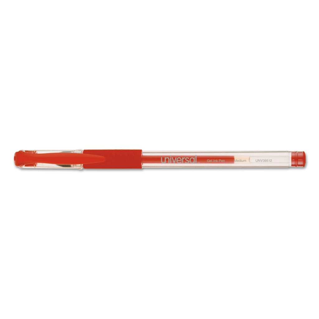 Universal Comfort Grip Gel Pen, Stick, Medium 0.7 mm, Red Ink, Clear Barrel, Dozen