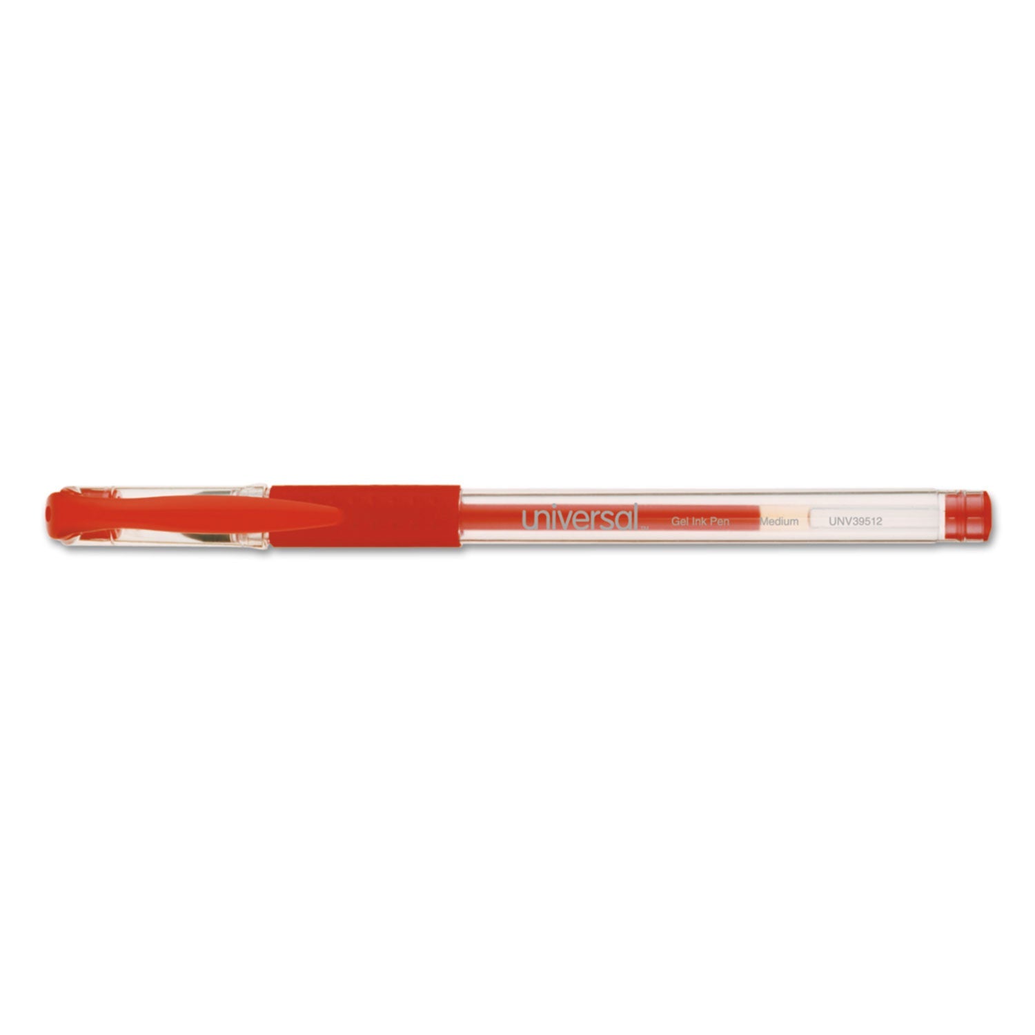 Universal Comfort Grip Gel Pen, Stick, Medium 0.7 mm, Red Ink, Clear Barrel, Dozen