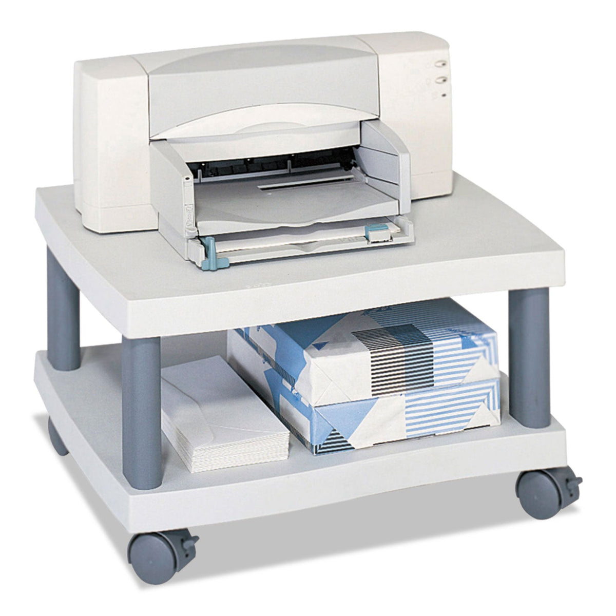 Safco Wave Design Under-Desk Printer Stand, Plastic, 2 Shelves, 20" x 17.5" x 11.5", White/Charcoal Gray