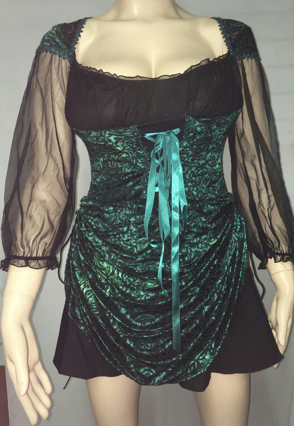 Women's Blue Green Velvet Burnout Treasure Pirate Costume Dress M/L 8-12
