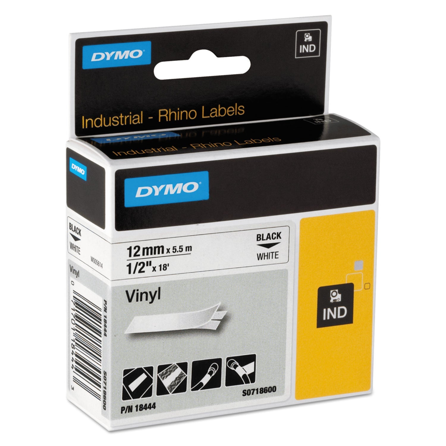 DYMO Rhino Permanent Vinyl Industrial Label Tape, 0.5" x 18 ft, White/Black Print