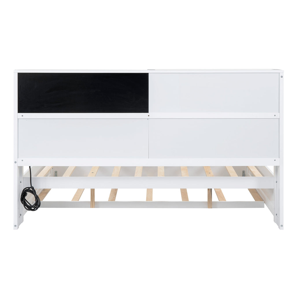 Full Size Daybed with Storage Shelves, Blackboard, Cork board, USB Ports and Twin Size Trundle  White
