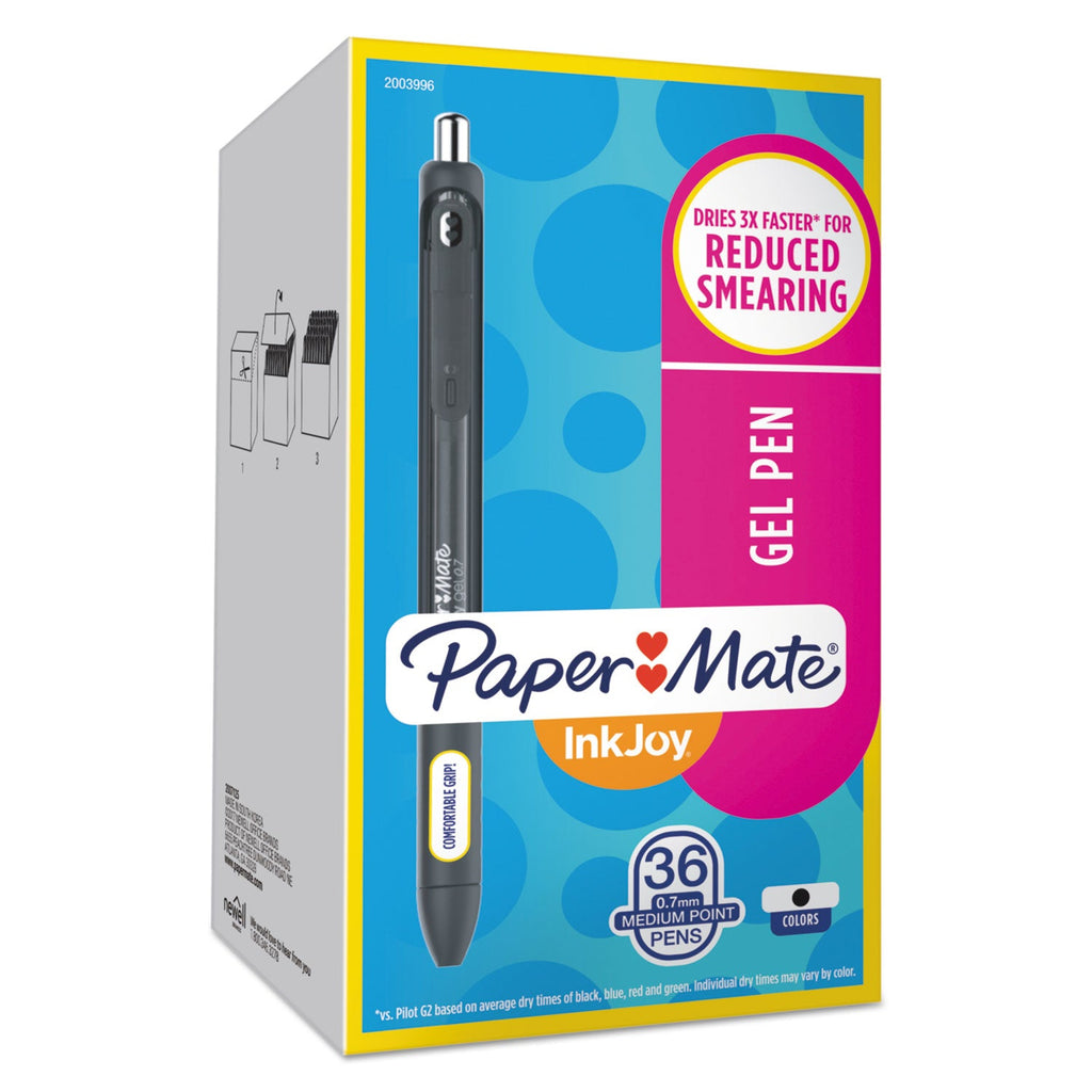 Paper Mate InkJoy Gel Pen, Retractable, Medium 0.7 mm, Black Ink, Black Barrel, 36/Pack